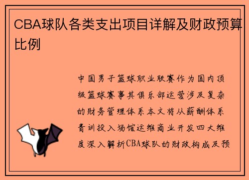 CBA球队各类支出项目详解及财政预算比例